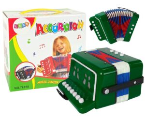 Laste akordion Little Musician – roheline (3+) ja selle pakend.