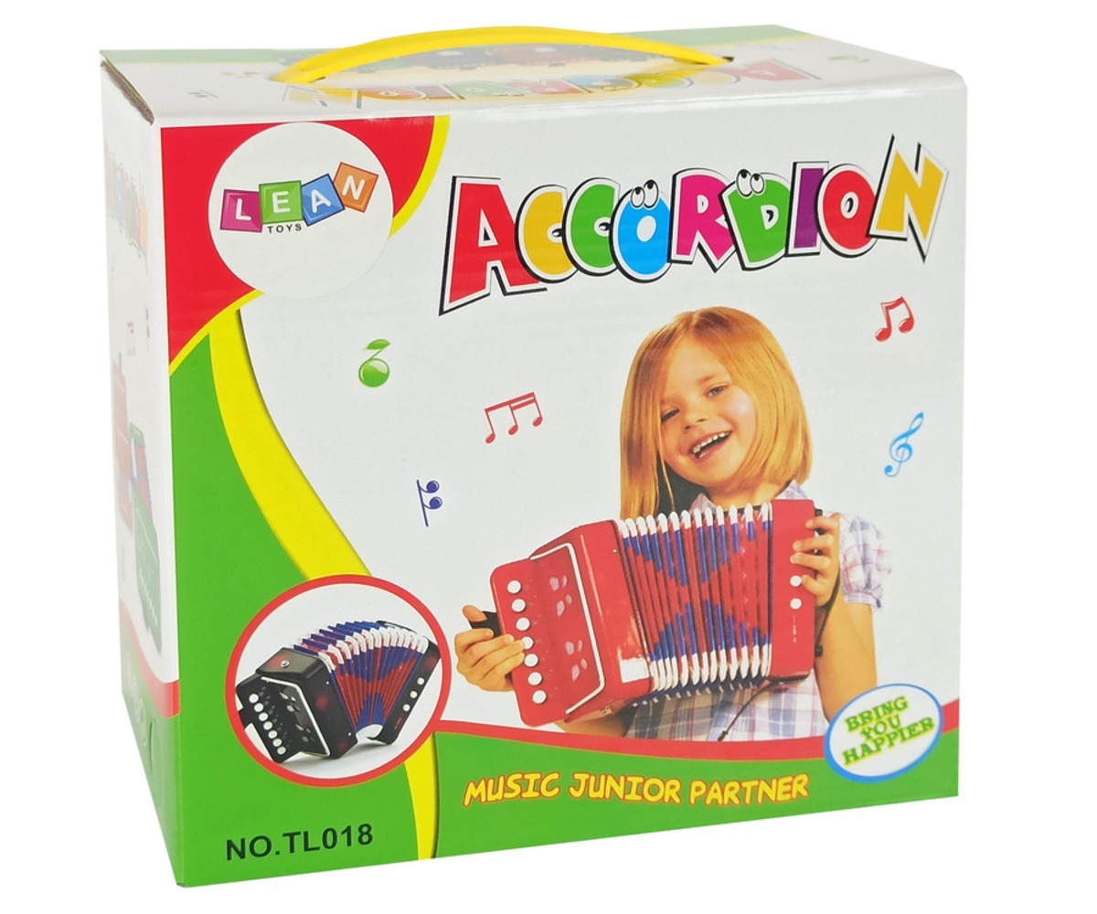 Laste akordion Little Musician – roheline (3+) karp, pakendi esikülg.
