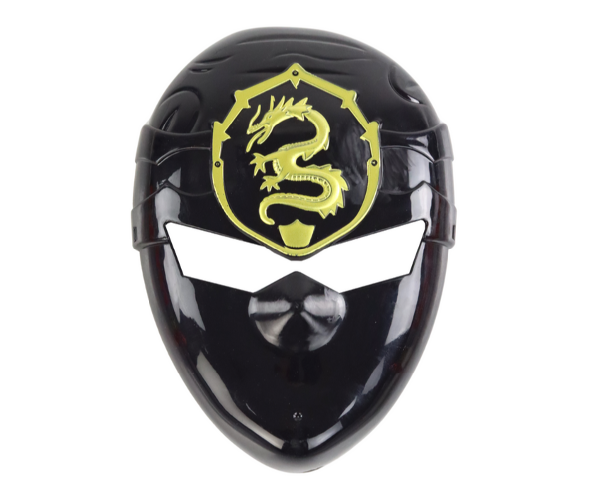Must Ninja sõdalase mask koos kuldse draakonimotiiviga.