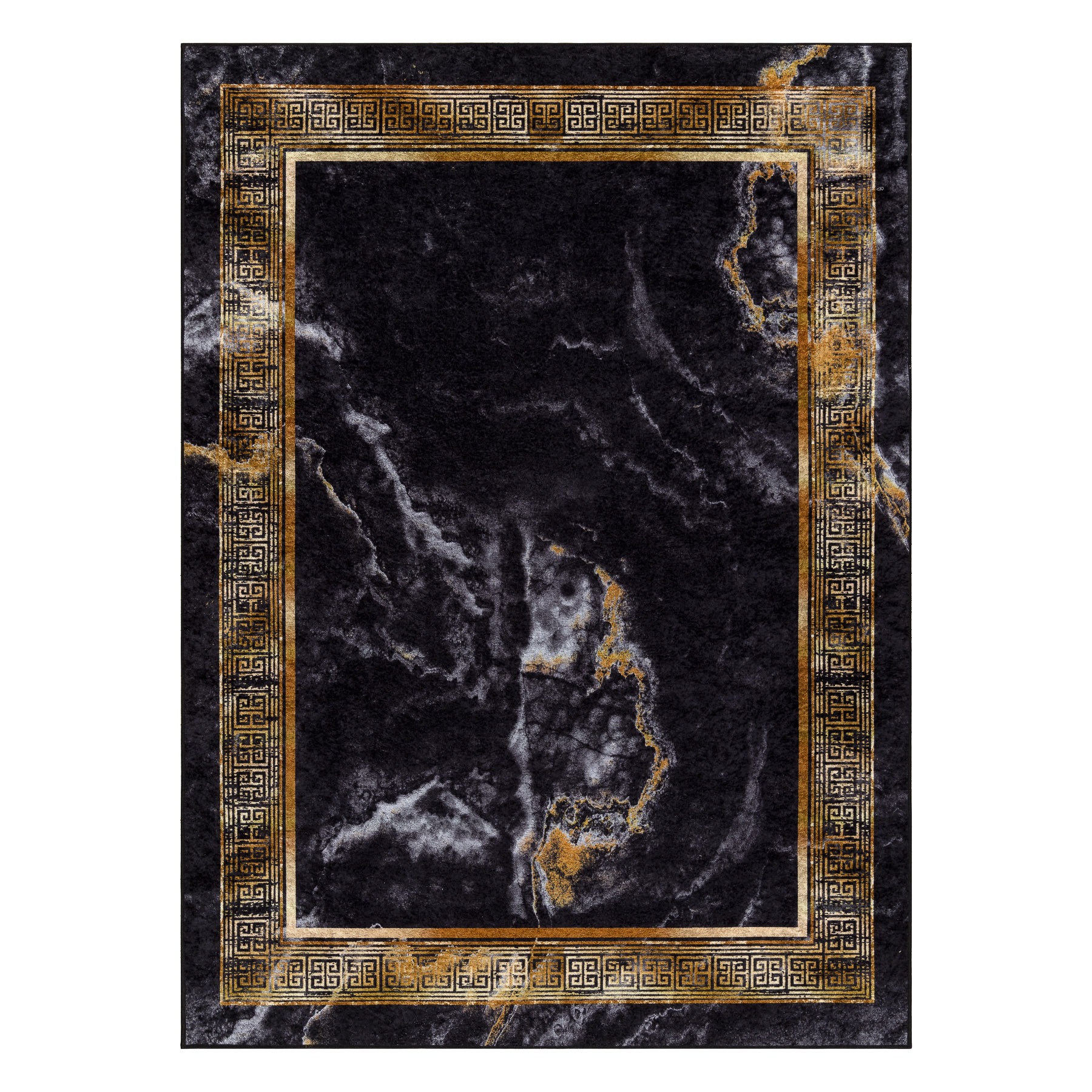 MIRO Marble pestav ja libisemiskindel elutoa vaip musta ja kuldse mustriga.