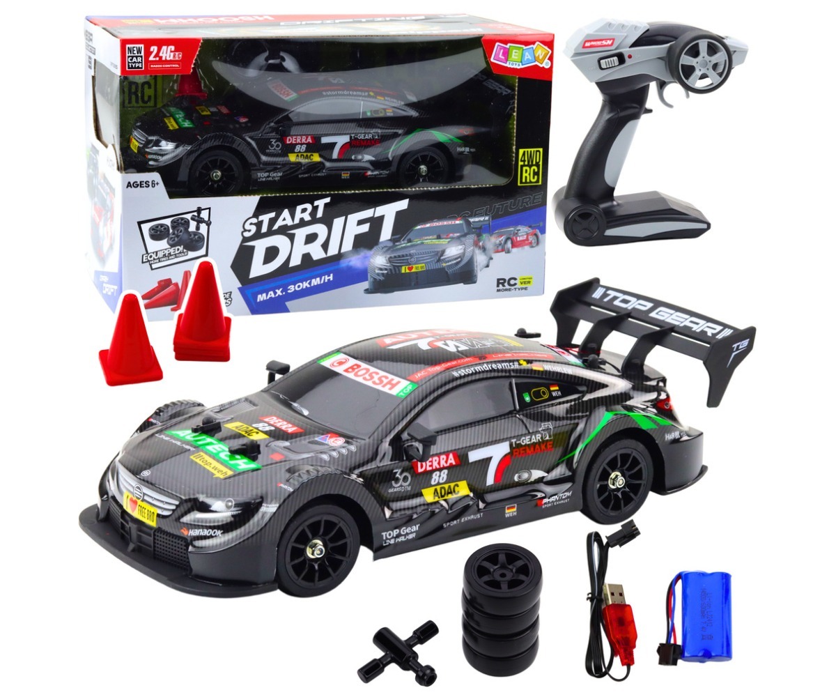 Puldiga driftiauto 31cm LED-valgustusega koos puldi, konnade ja tarvikutega.