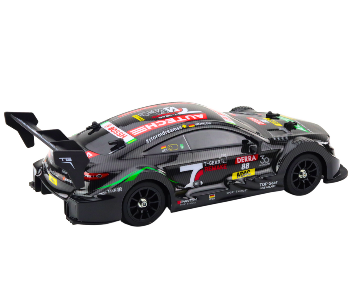 Tagasi vaade mustast puldiga driftiautost 31cm, LED-valgustusega.