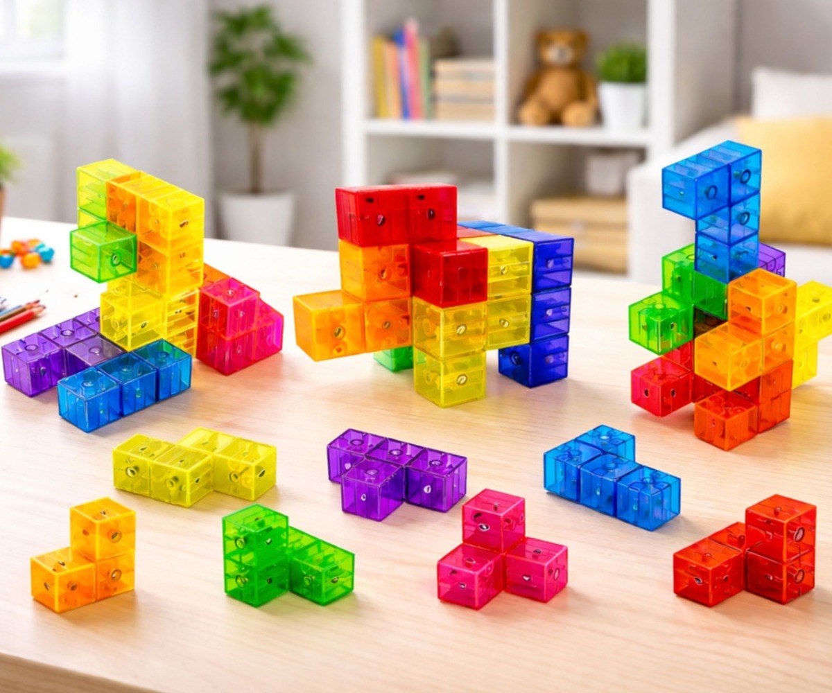 Lastele mõeldud Magnetklotsid Magic Cubes, 9 osa ja 156 ehitusülesande komplekt, kasutuses töölaual.
