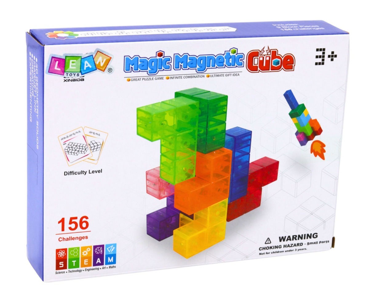 Magnetklotsid Magic Cubes karp, mis sisaldab 9 osa ja 156 ehitusülesannet, esitleb toote funktsioone.