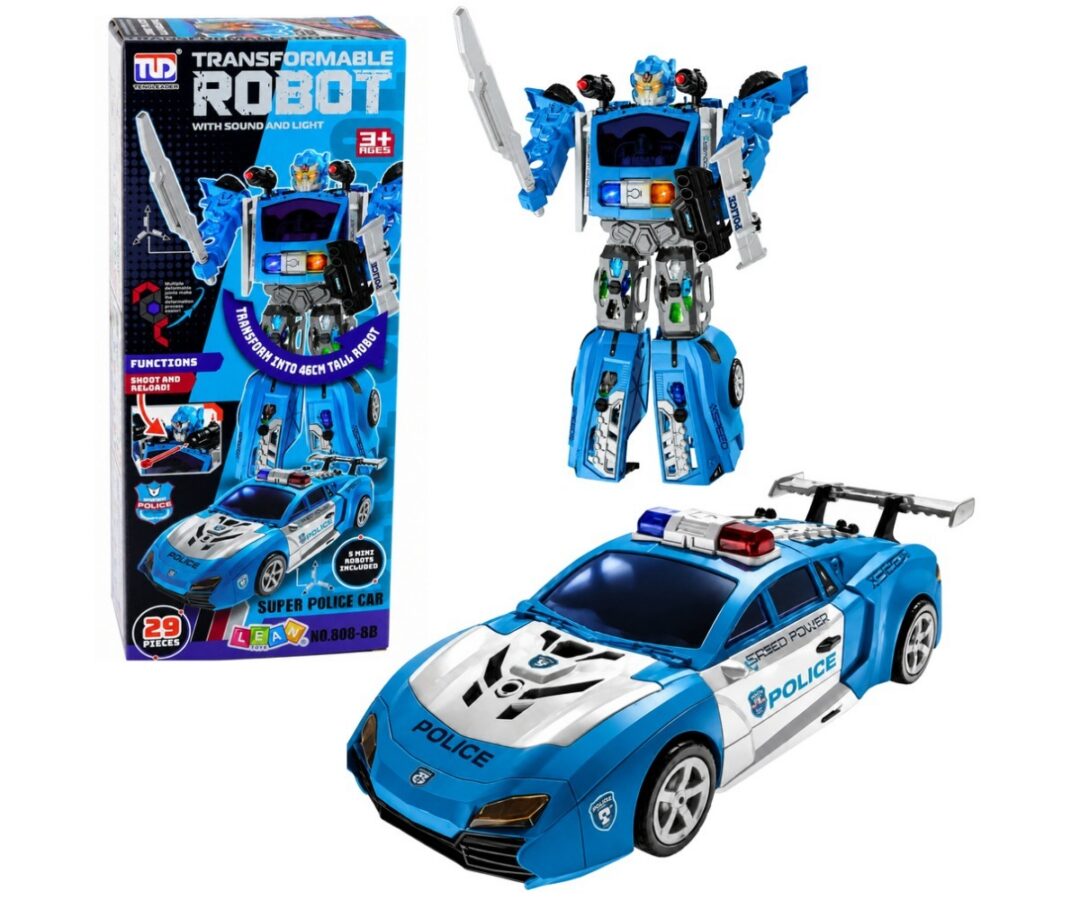 2in1 politseirobot ja politseiauto valguse ja heliga – 29 osa, kus robot ja auto on koos.