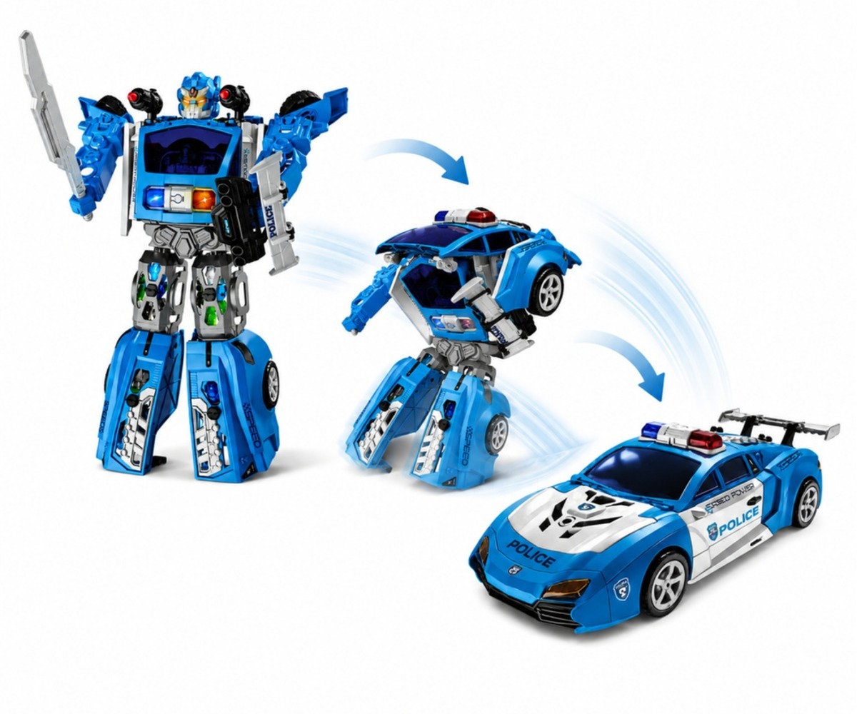 2in1 politseirobot ja politseiauto valguse ja heliga, robot muudab end autoks.