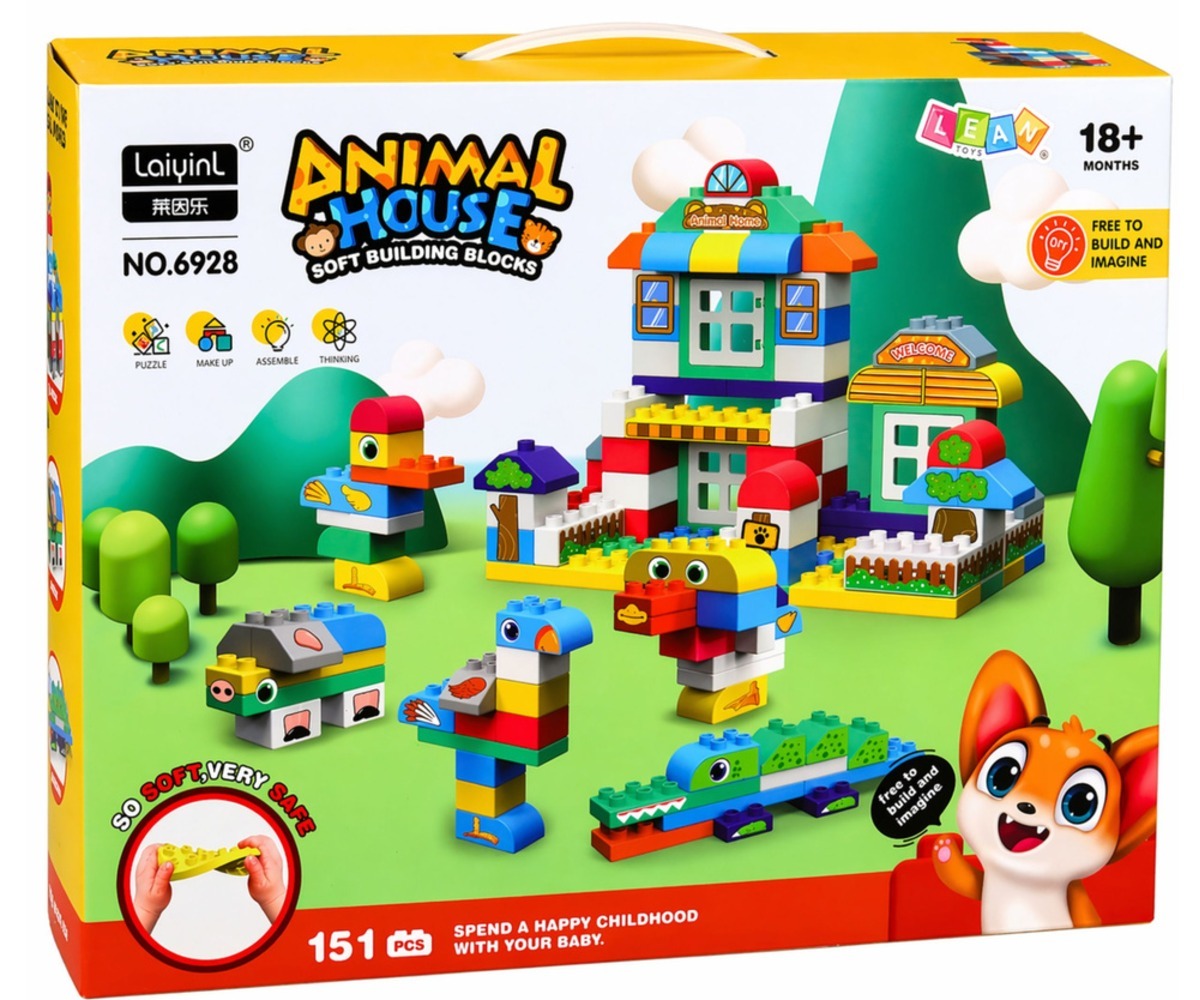 Ehitusklotsid lastele Animal House – 151 osa, karp ja erinevad loomamudelid