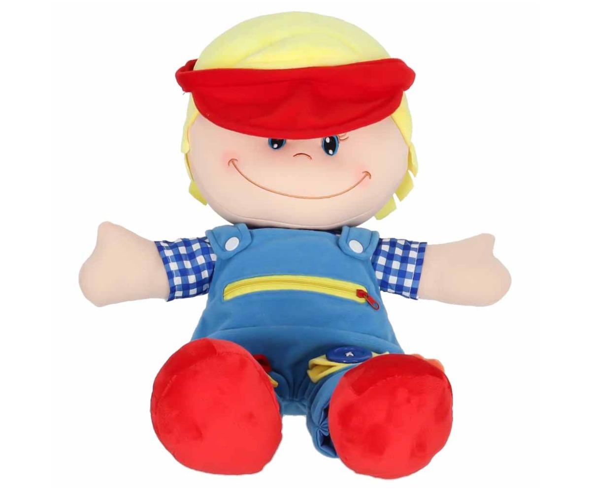 Sensoorne riidest nukk riietumise õppimiseks Poiss 48cm, näidates detailset disaini.