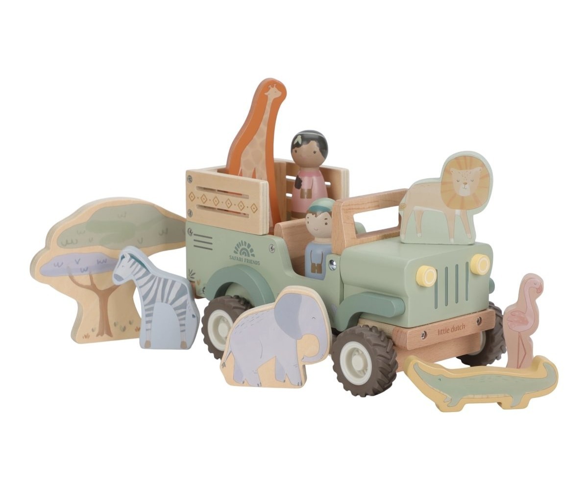 Puidust safariauto loomadega Safari Friends - Little Dutch (1,5+) koos mitmete loomafiguuridega ja kahe mängijaga.