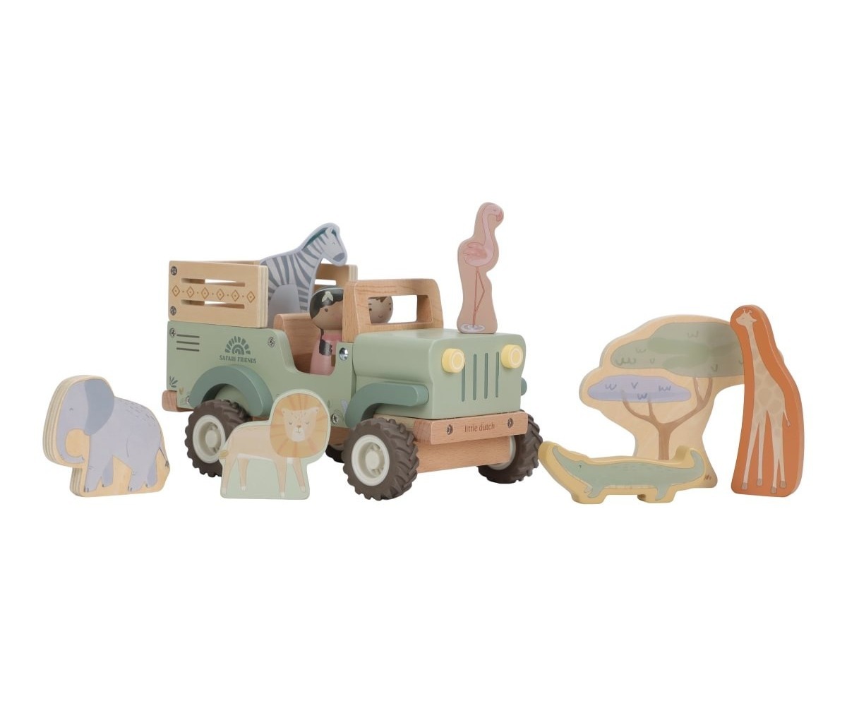 Komplekt Puidust safariauto loomadega Safari Friends - Little Dutch (1,5+) koos erinevate loomade ja puudega.