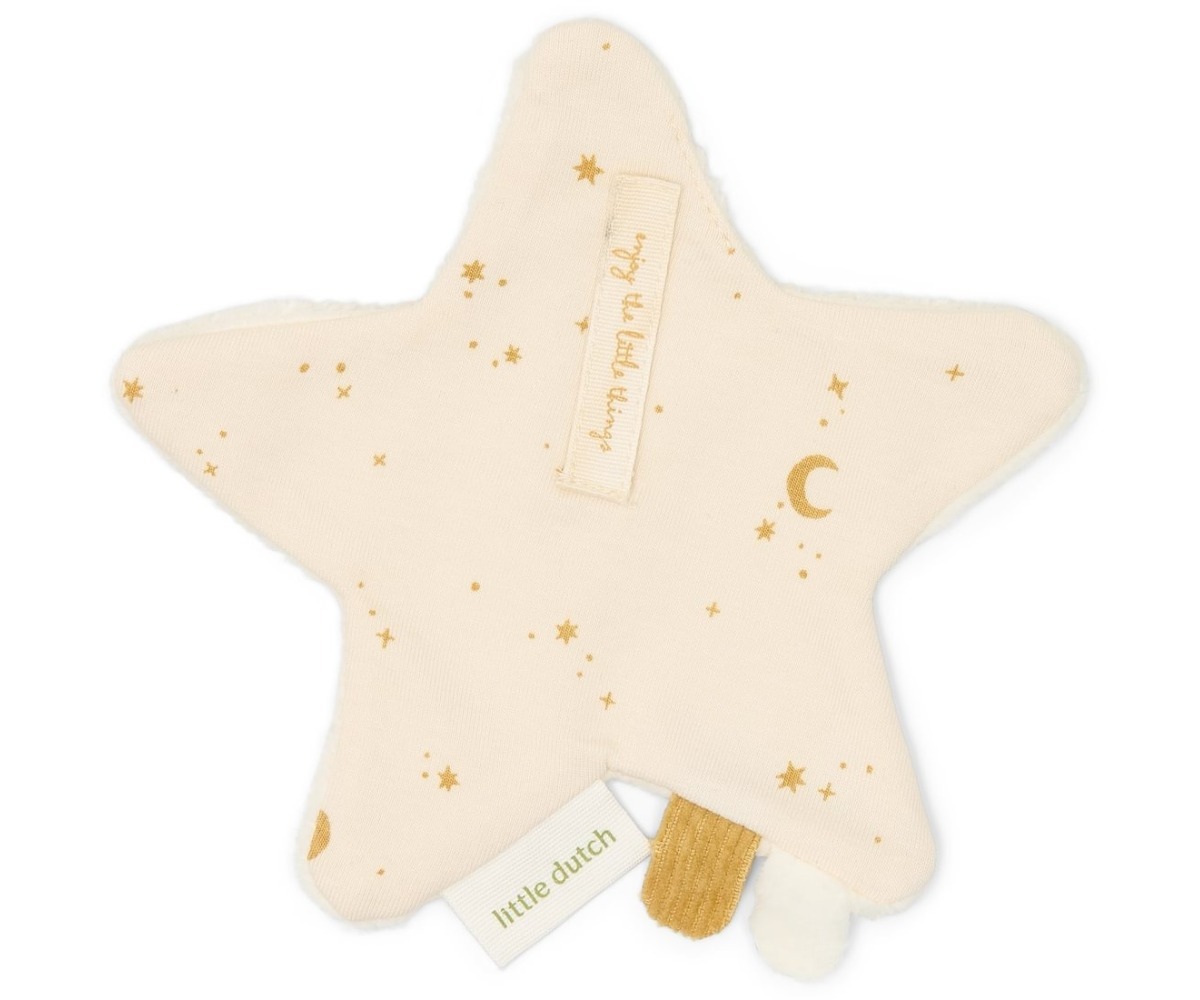 Pehme tähekuju mänguasi Beebiriiete kinkekomplekt 62/68 Newborn Naturals - Little Dutch, kaunistatud kuldsete tähtede ja kuulidega.