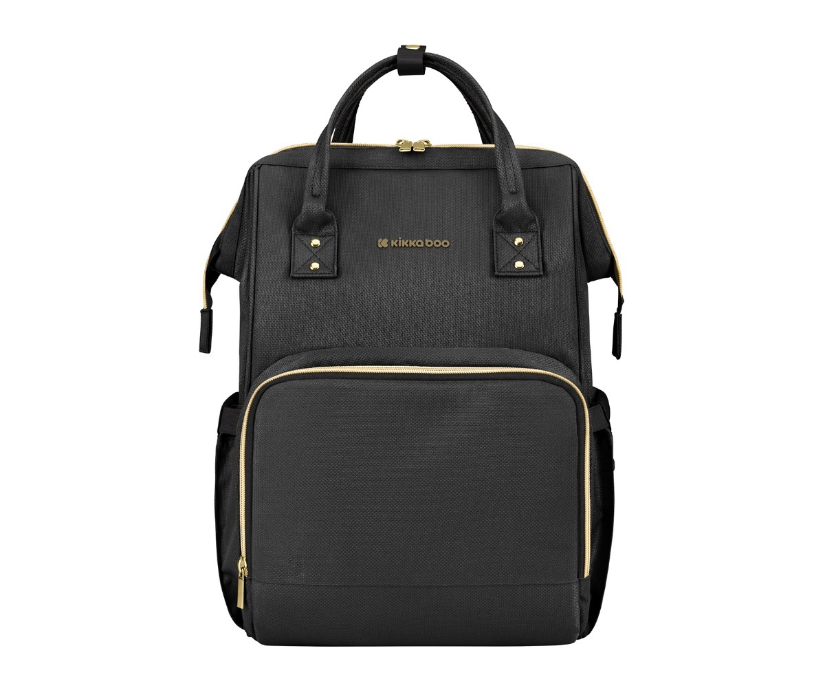 Beebitarvete kott Mama Bag Kikkaboo Siena musta ja kuldse värviga, detailne vaade esiplaanilt.