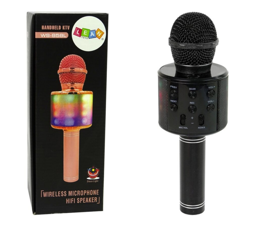 Juhtmevaba karaokemikrofon lastele WS-858 Bluetoothiga – must, pakend ja mikrofon koos juhtnuppudega