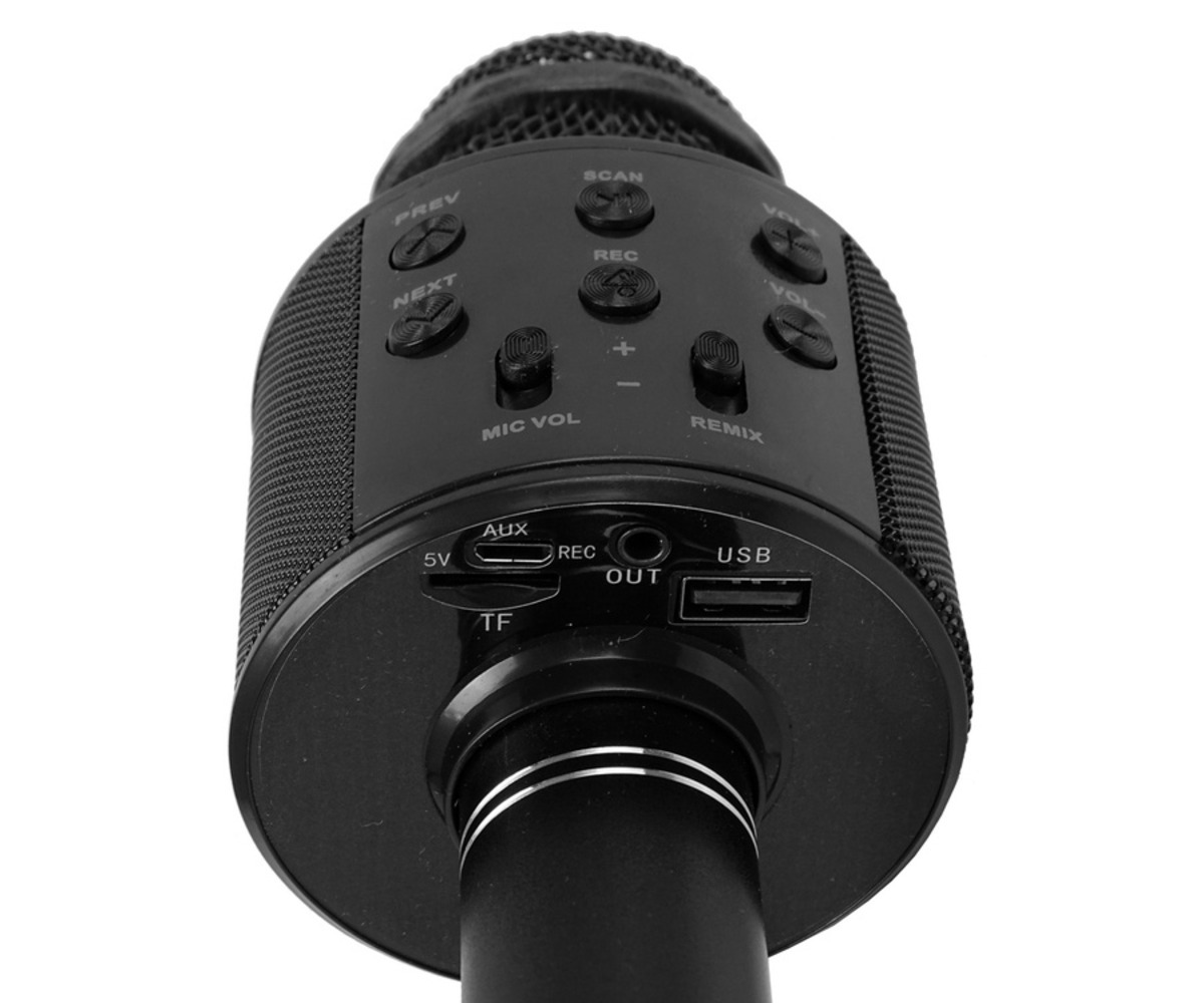 Juhtmevaba karaokemikrofon lastele WS-858 Bluetoothiga – must, mikrofon koos sisend- ja väljundportidega