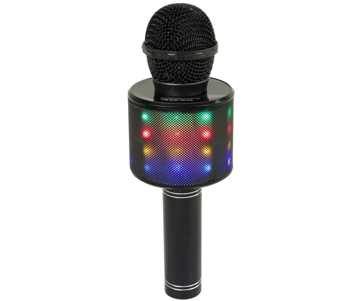 Juhtmevaba karaokemikrofon lastele WS-858 Bluetoothiga must, koos värviliste LED-valgustega.