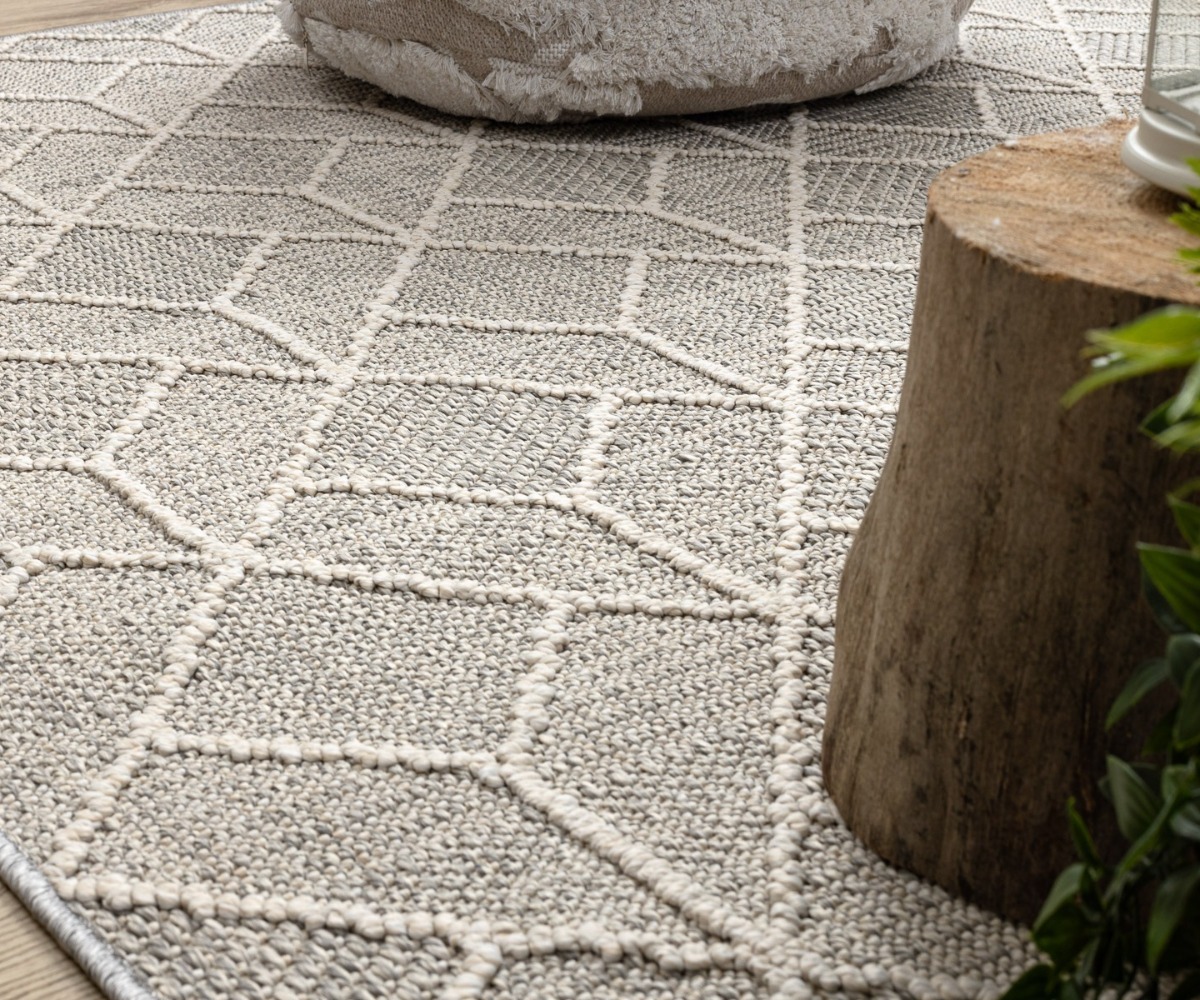 Struktuurne elutoa vaip JERSEY 19231, erakordne detail Boho geomeetrilises mustris, hall