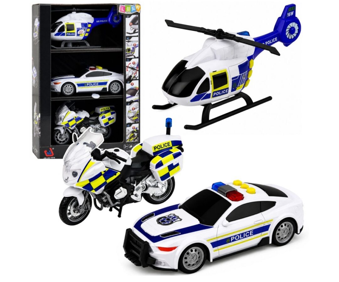 Politseisõidukite komplekt, mis sisaldab helikopterit, autot ja mootorratast.