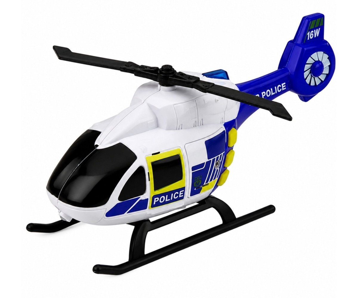 Politseihelikopter, osa politseisõidukite komplektist helikopter, auto ja mootorratas.