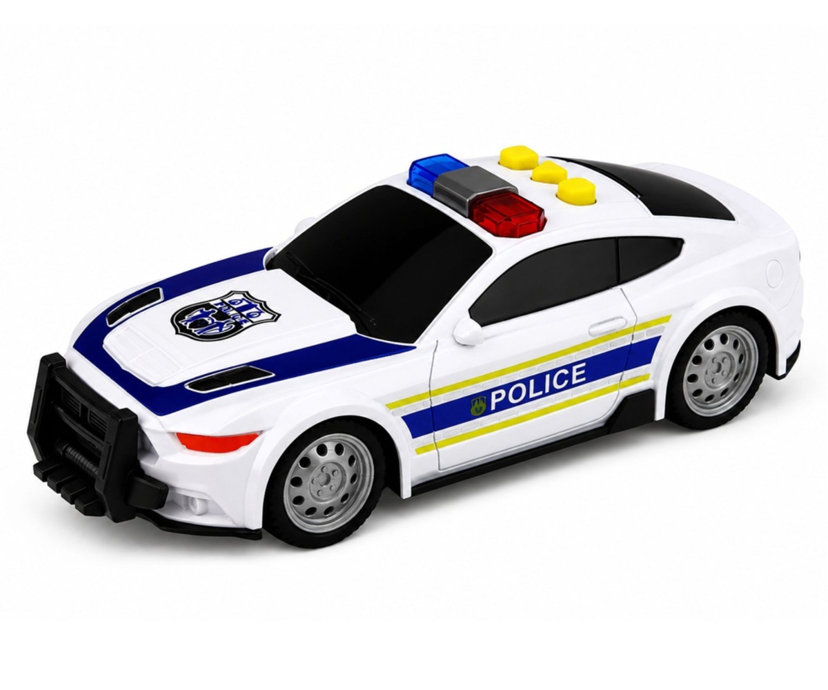 Politseiauto, mis kuulub politseisõidukite komplekti helikopter, auto ja mootorratas.