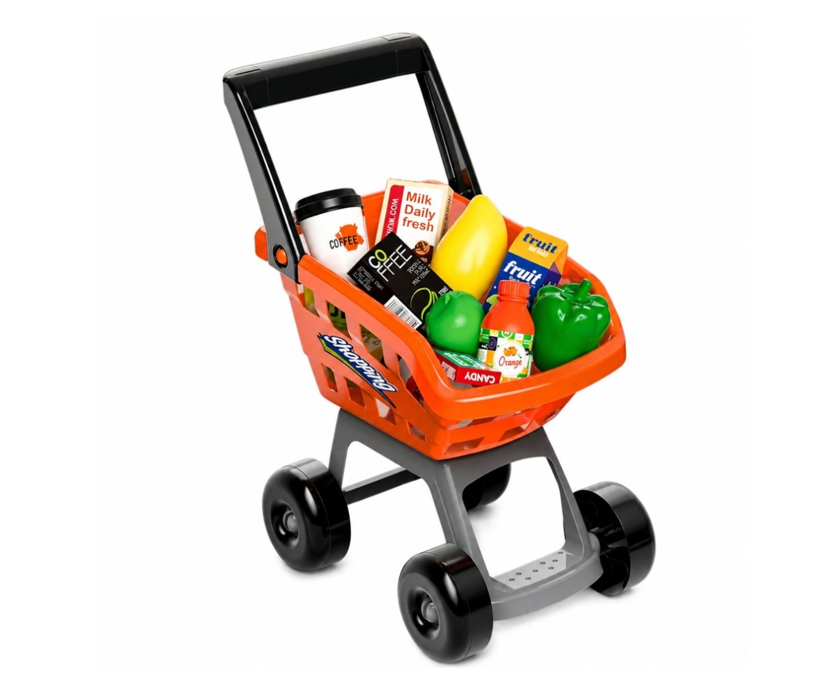 Laste poekomplekt kassaga ja ostukäruga - valgus ja heli, 60 osa. Punane ostukäru, mis on täis erinevaid toiduaineid.