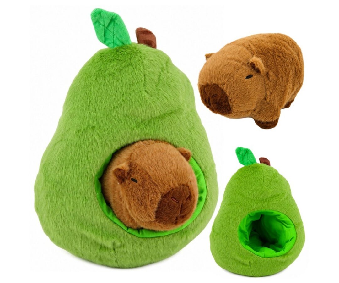 Pehme mänguasi Kapibara avokaados 2in1 – 25cm, avokaado kujuline mänguasi, mille sees peitub pehme kapibara.