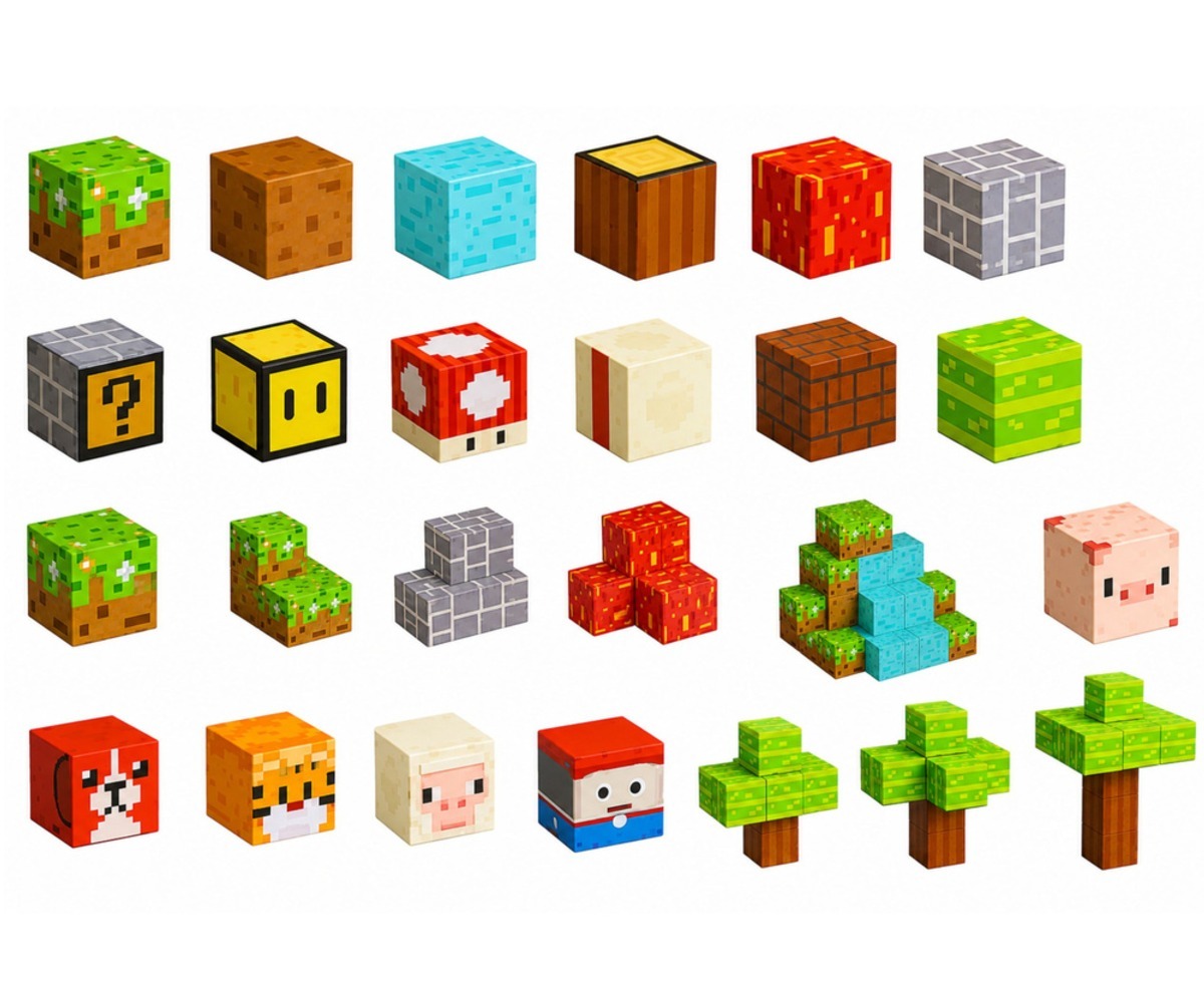 Magnetilised kuubikud Pixel World - 146-osaline konstruktor koos erinevate kuubikutega, sealhulgas looduslike ja mänguliste kujunditega.