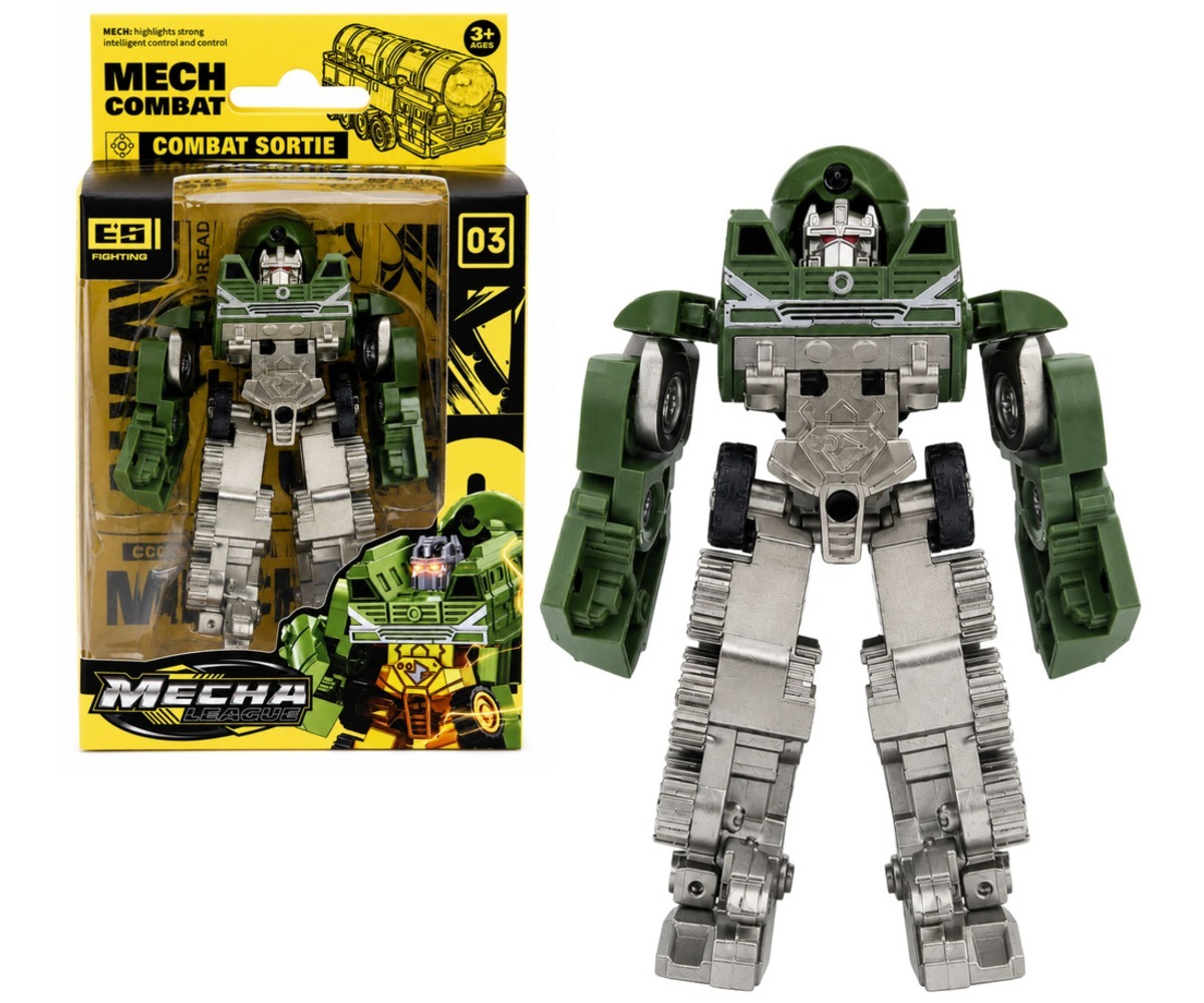 2in1 transformeeruv robot ja militaarmasin – mudel 03, roheline värv, mis toob välja militaristlikud omadused.