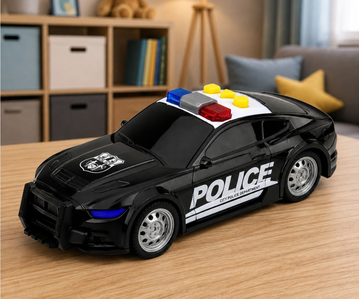 Politseiauto valguse ja heliga – must, näidates esikülge ja litsentsimärki.