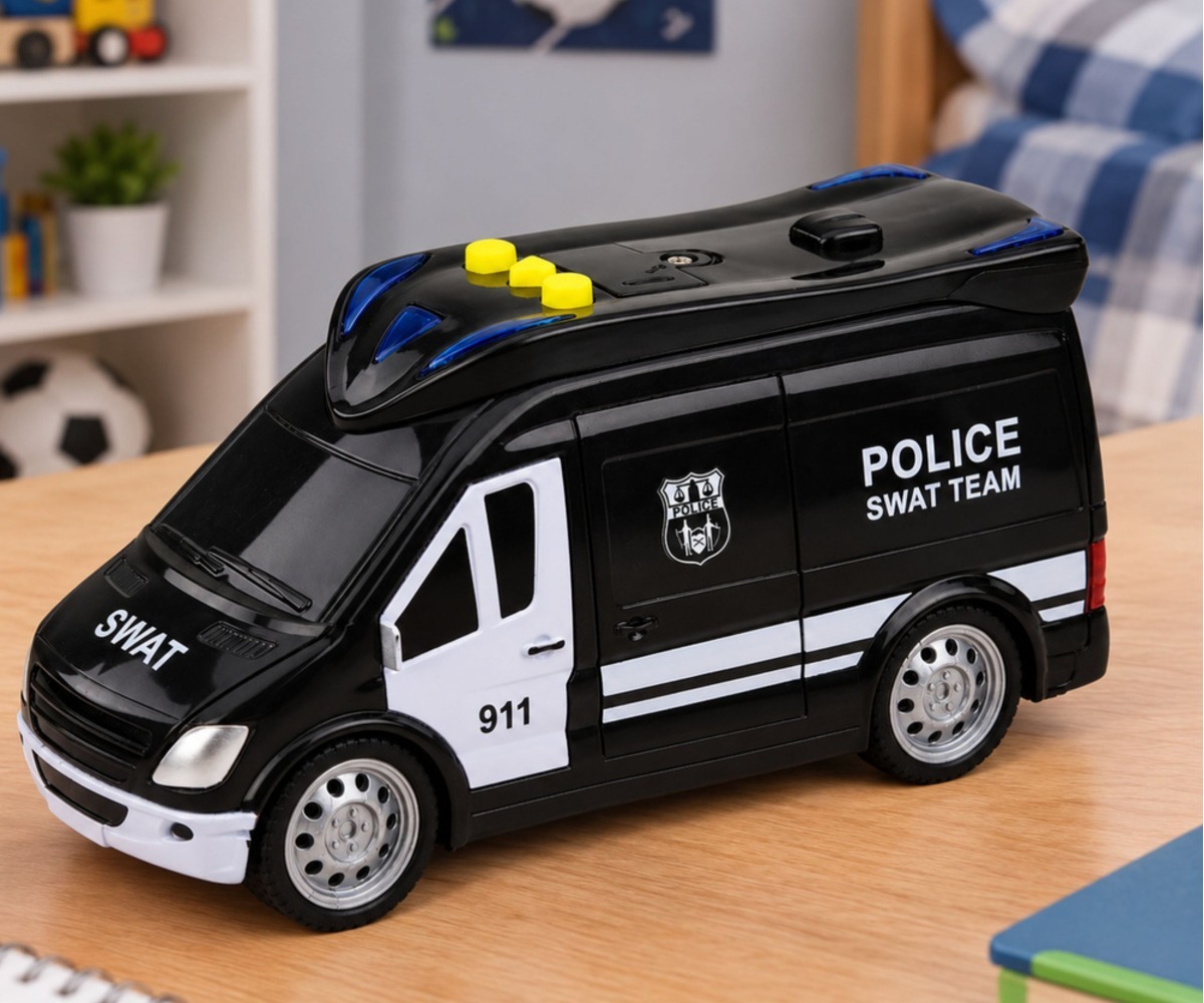 SWAT politseiauto valguse ja heliga, mänguasja esitlemine sisekeskkonnas