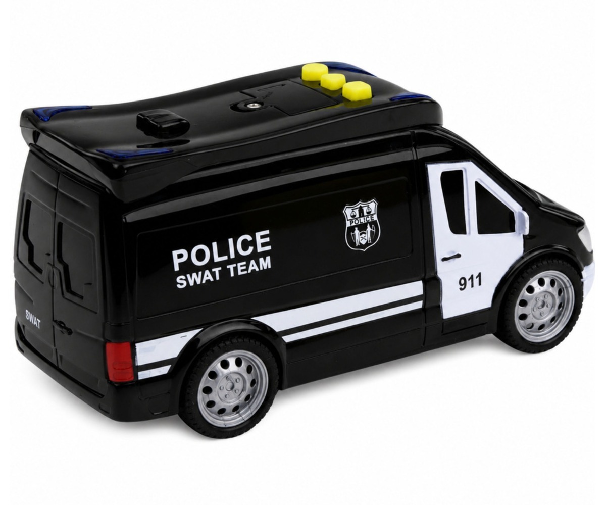 SWAT politseiauto valguse ja heliga, musta värvi, detailne vaade.