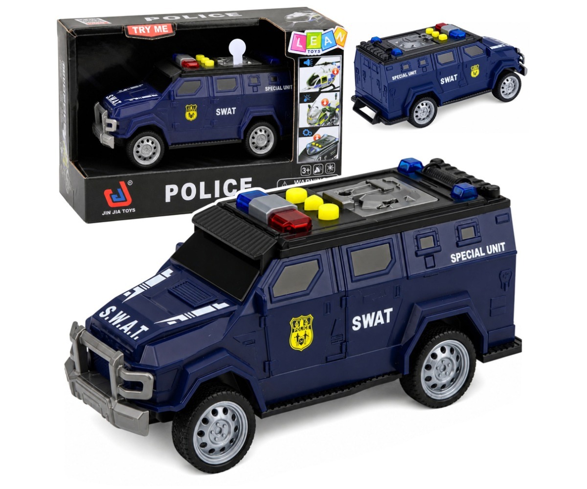 SWAT eriüksuse auto valguse ja heliga – tumesinine, detailne vaade esiosast.