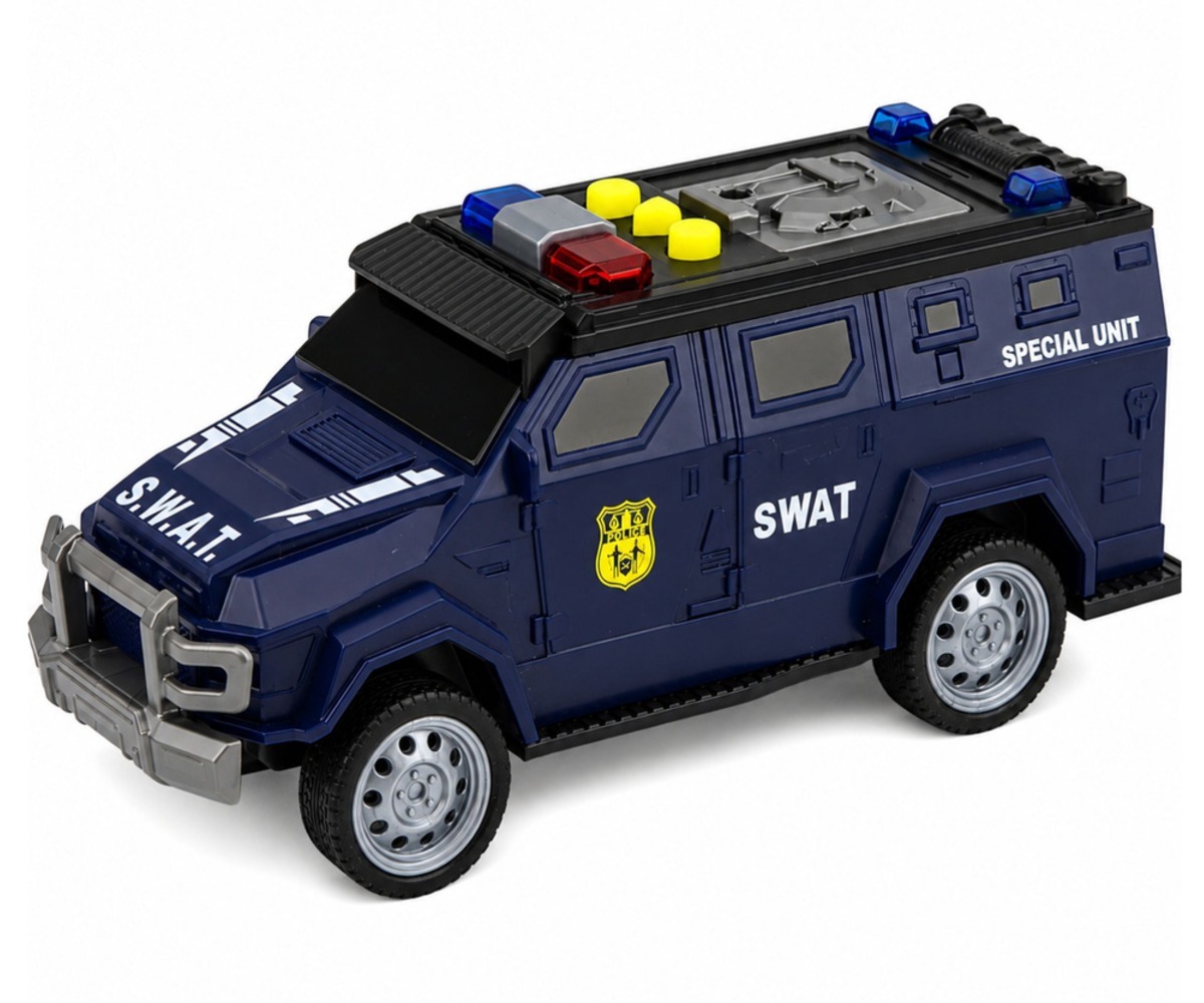 SWAT eriüksuse auto valguse ja heliga – tumesinine, külgvaade autost.