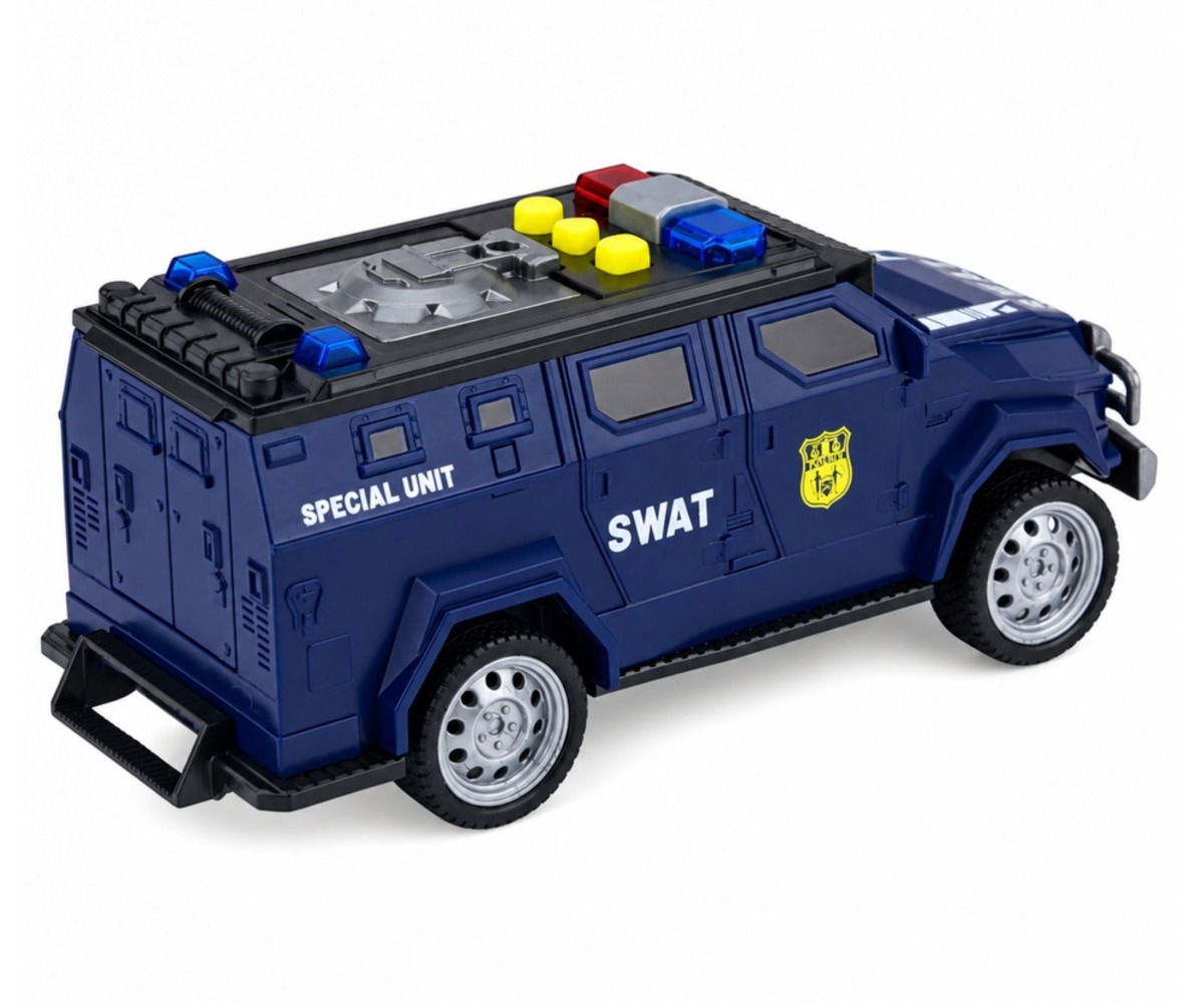 SWAT eriüksuse auto valguse ja heliga – tumesinine, tagavaade mudelist.