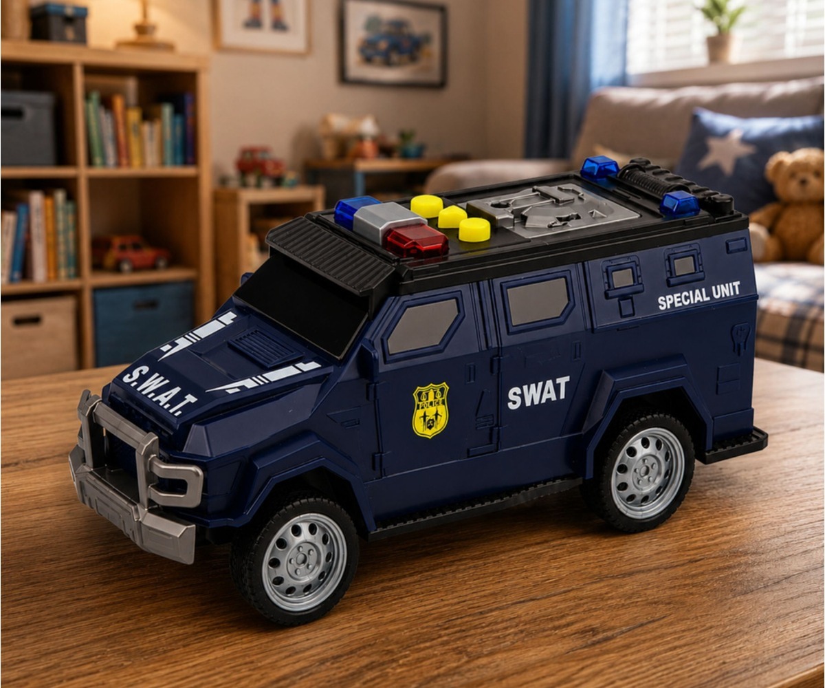 SWAT eriüksuse auto valguse ja heliga – tumesinine, mudel, mis on mõeldud lastele mängimiseks.