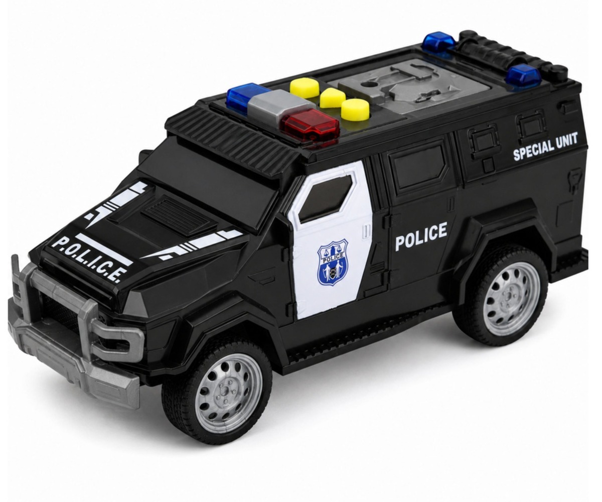 Eriüksuse politseiauto valguse ja heliga – must, külgvaade, detailne mänguauto koos helide ja valgusega.