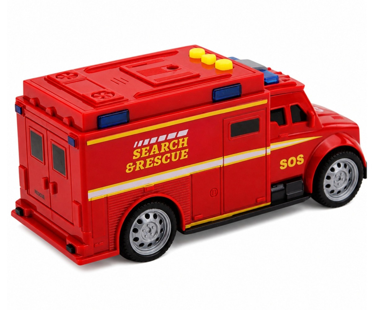 Tagantvaade punasest SOS päästeautost valguse ja heliga, suurepärane detailide kujundus.