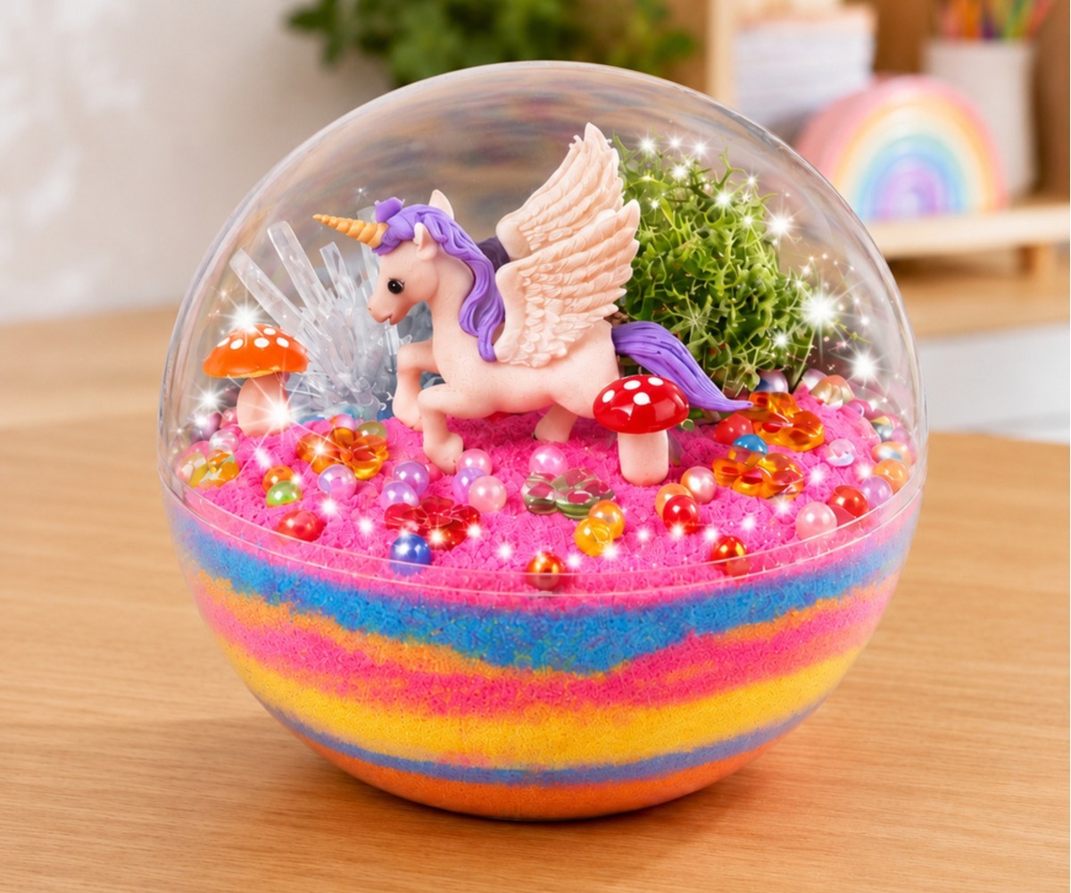 Lustlik Ükssarviku terraarium, kus on värviline liiv ja kristallid, sobib ideaalselt lastele.