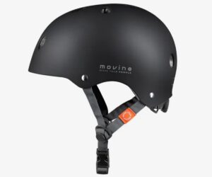 Movino Element laste kiiver S – must (51–54cm) külgvaade, esitades kiivri disaini ja rihmade asetuse.