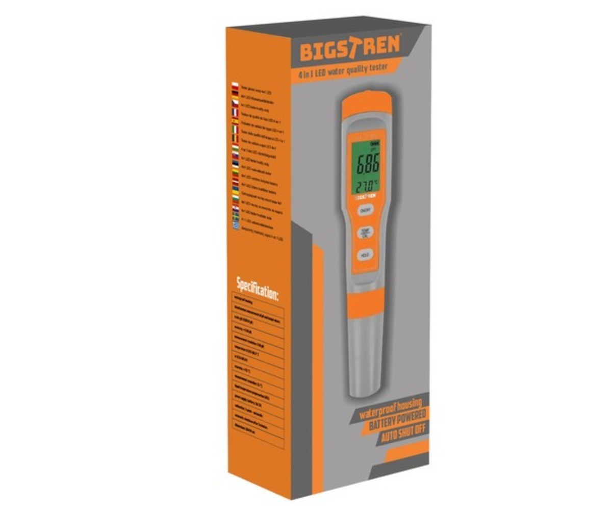 Digitaalne pH-meeter termomeetriga Bigstren 23534, pakend ja spetsifikatsioonid.