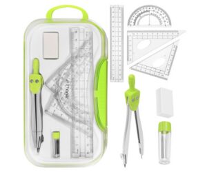 Geomeetriakomplekt 7 osa - sirkel, joonlaud ja mallid. Komplekti sisu: lisatarvikud, sealhulgas sirkel ja joonlaud.