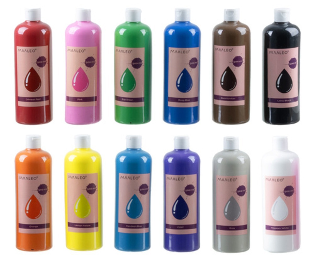 Guaššvärvid Maaleo – 12 värvi × 500ml dollid eri värvides