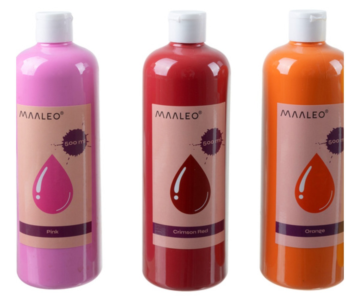 Guaššvärvid Maaleo – 12 värvi × 500ml pudel roosa värviga