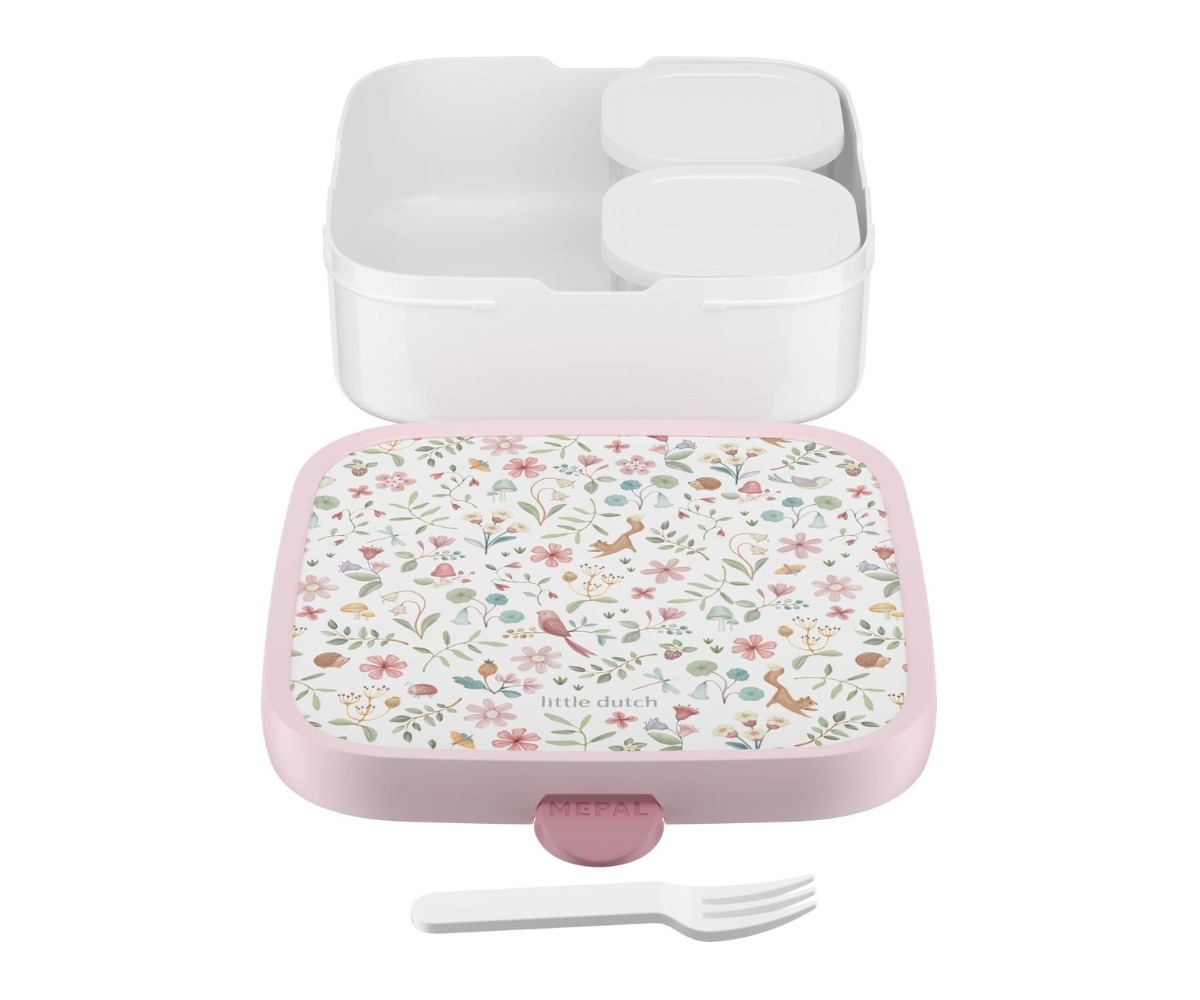 Suur laste toidukarp Fairy Wonders bentokarpidega, avatud ja sisaldab kahte väiksemat karpi.