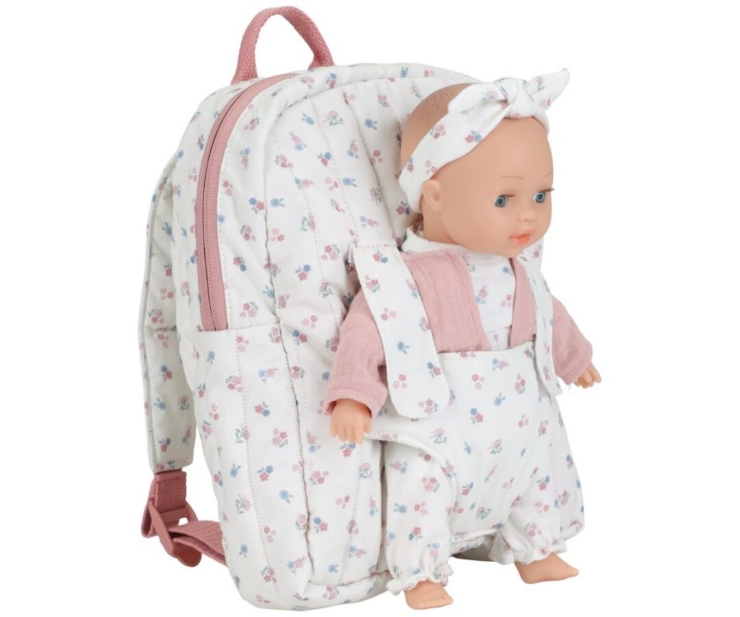 Nuku kandekott ja seljakott 2in1 – Little Dutch, pehme dolli kaelarihmaga ja lillemustriga kandekott.