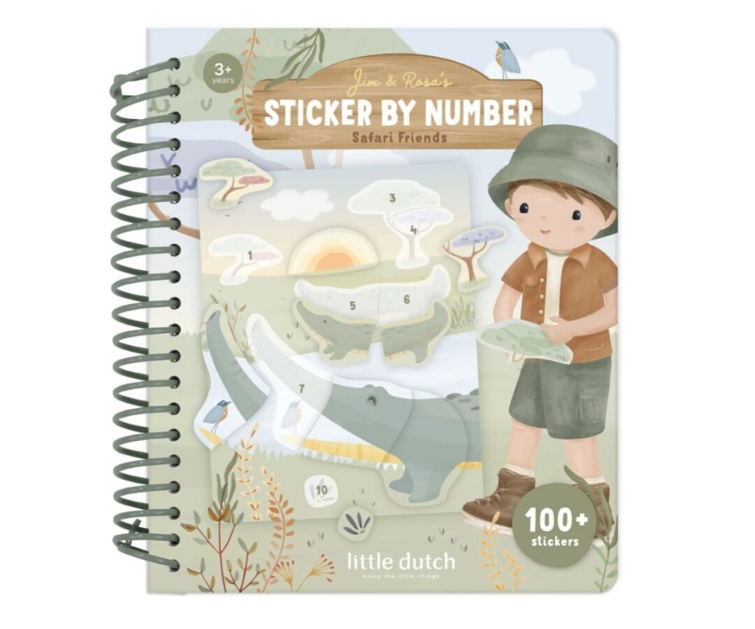 Numbrite järgi kleebiseraamat Safari Friends Jim – Little Dutch, kaanepilt koos toredate loomade ja looduse elementidega.