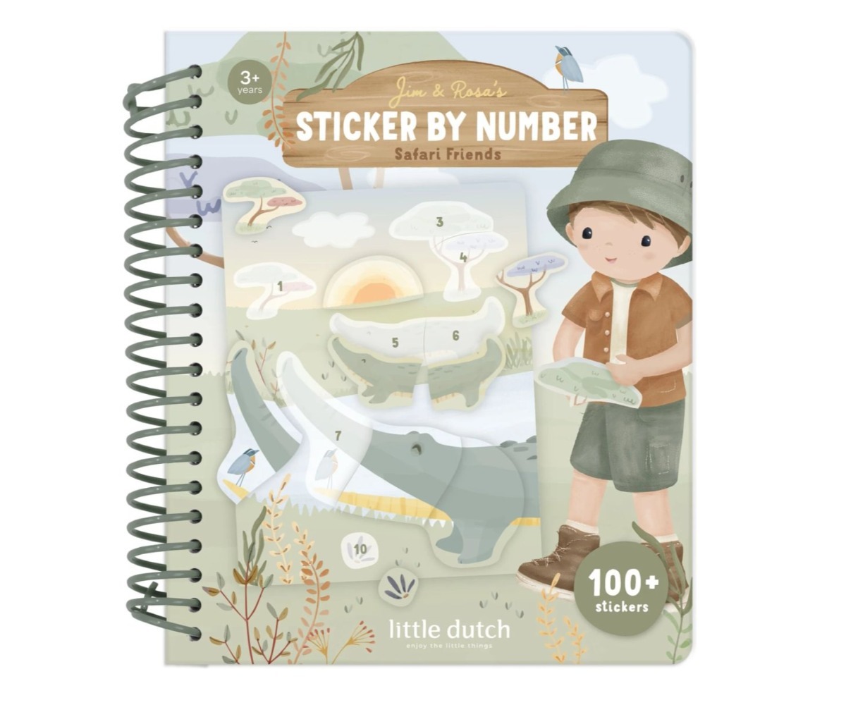 Numbrite järgi kleebiseraamat Safari Friends Jim – Little Dutch, kaanepilt koos toredate loomade ja looduse elementidega.