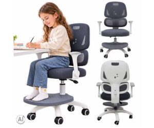 Laps istub ergonoomilisel lastetoolil jalatoega, kirjutades rahulikult reguleeritavas hallis toolis.