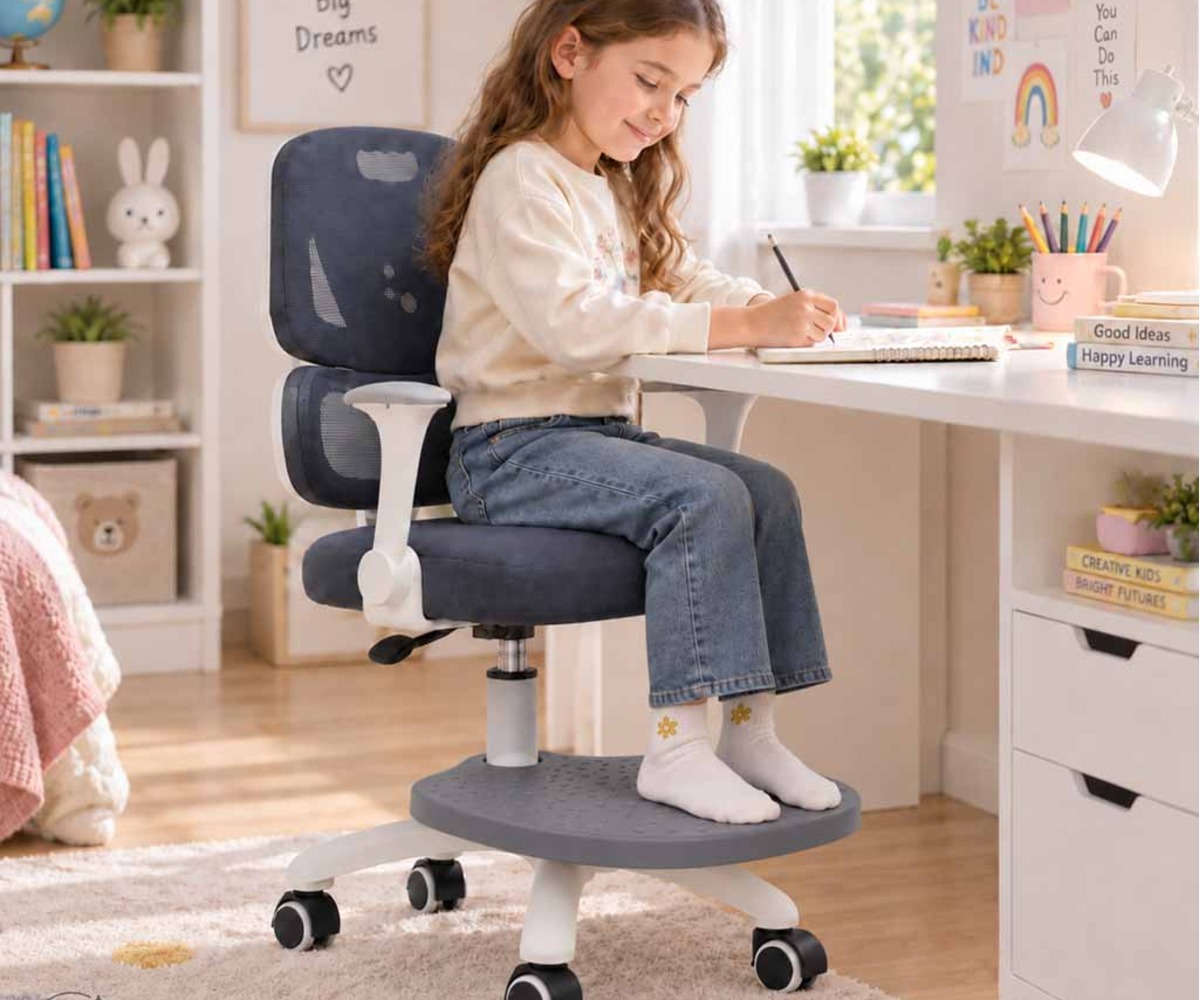Ergonoomiline lastetool jalatoega – reguleeritav, hall, laps kirjutab ja naudib mugavat istumist