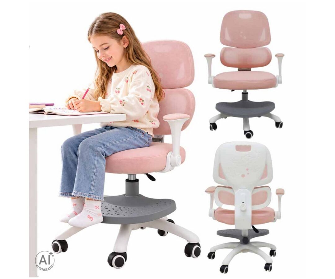 Ergonoomiline lastetool jalatoega – reguleeritav, roosa. Laps istub toolil ja kirjutab.