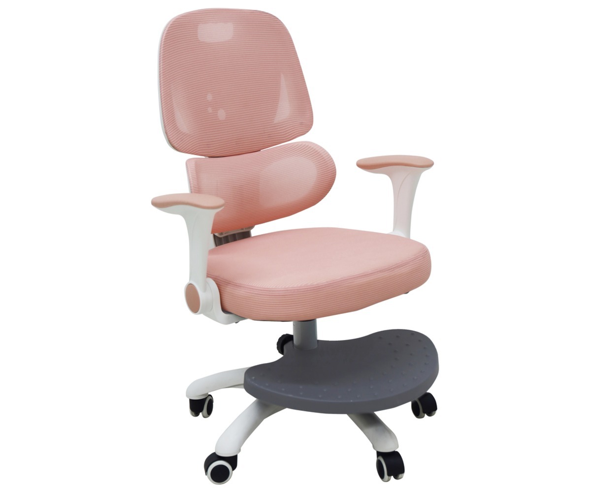 Küljelt vaade ergonoomilisest lastetoolist jalatoega – reguleeritav, roosa.